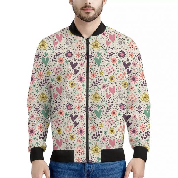 Girly Heart And Flower Pattern Print Bomber Jacket