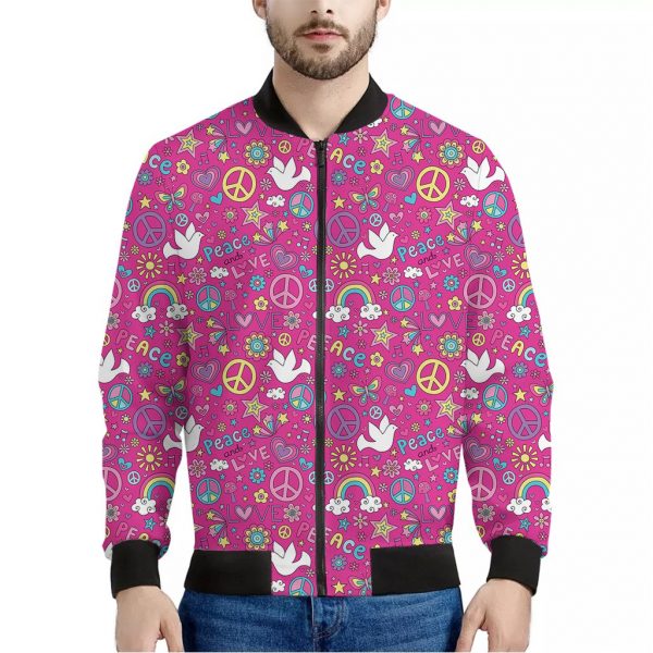 Girly Peace Sign And Love Pattern Print Bomber Jacket