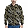 Gold And Black Feather Pattern Print Bomber Jacket