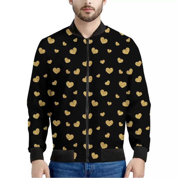 Gold And Black Heart Pattern Print Bomber Jacket