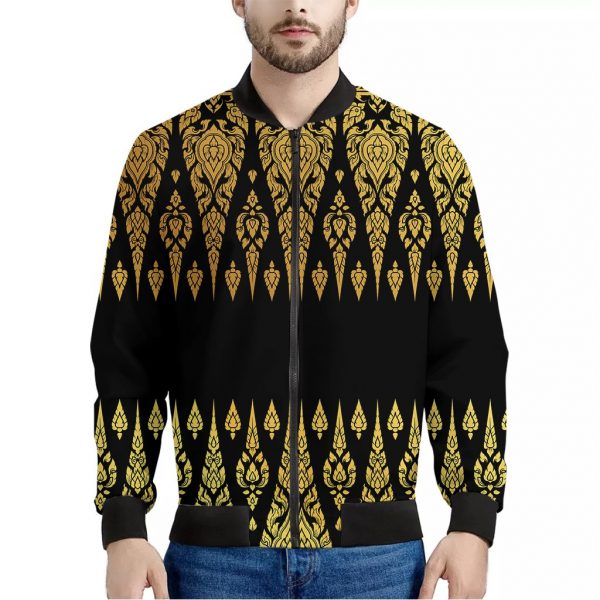 Gold And Black Thai Pattern Print Bomber Jacket