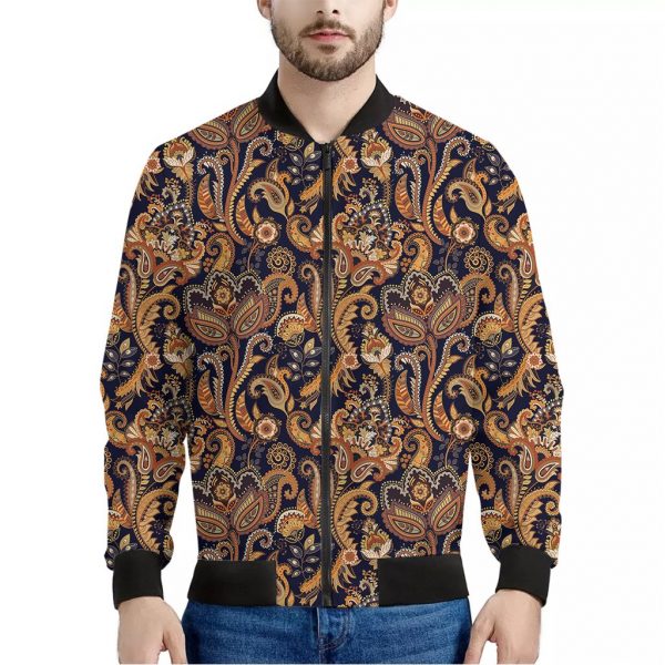 Gold And Blue Paisley Pattern Print Bomber Jacket
