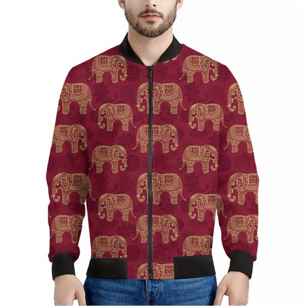 Gold And Red Boho Elephant Print Bomber Jacket