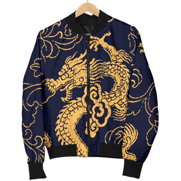 Gold Japanese Dragon Pattern Print Bomber Jacket