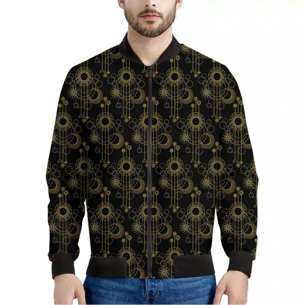 Gold Sun And Moon Pattern Print Bomber Jacket