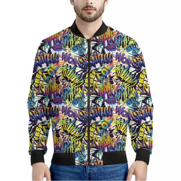Graffiti Text Pattern Print Bomber Jacket