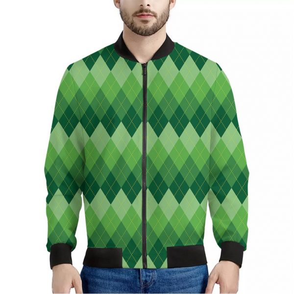 Grass Green Argyle Pattern Print Bomber Jacket