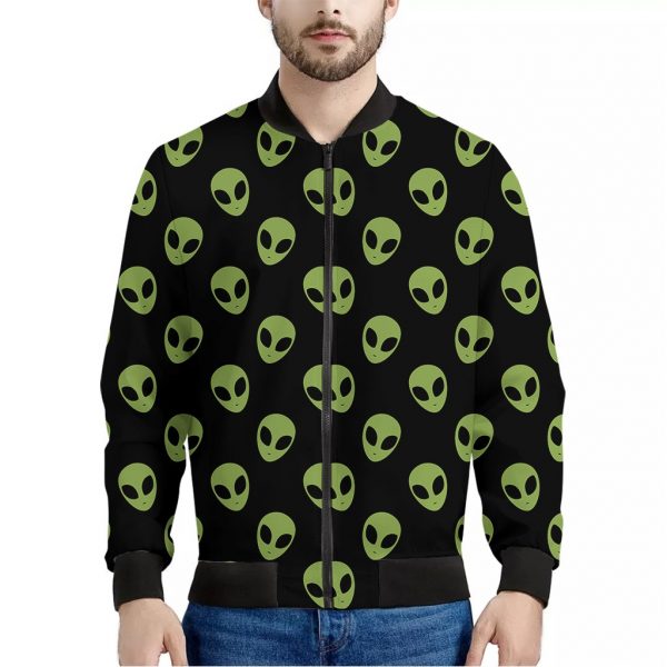 Green Alien Face Pattern Print Bomber Jacket