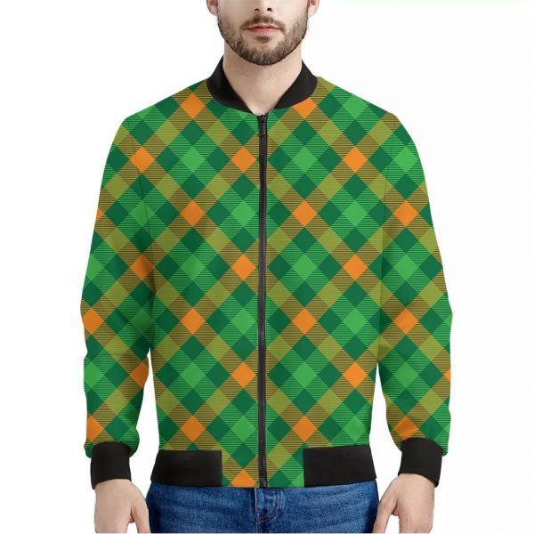 Green And Orange Buffalo Plaid Print Bomber Jacket