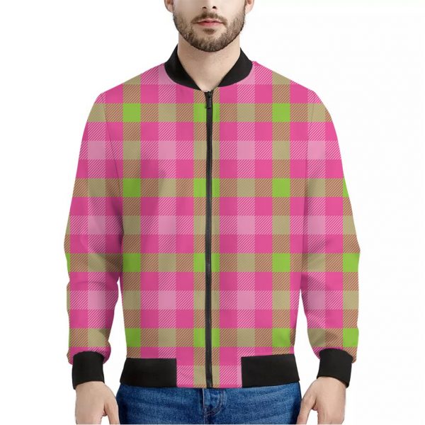 Green And Pink Buffalo Plaid Print Bomber Jacket