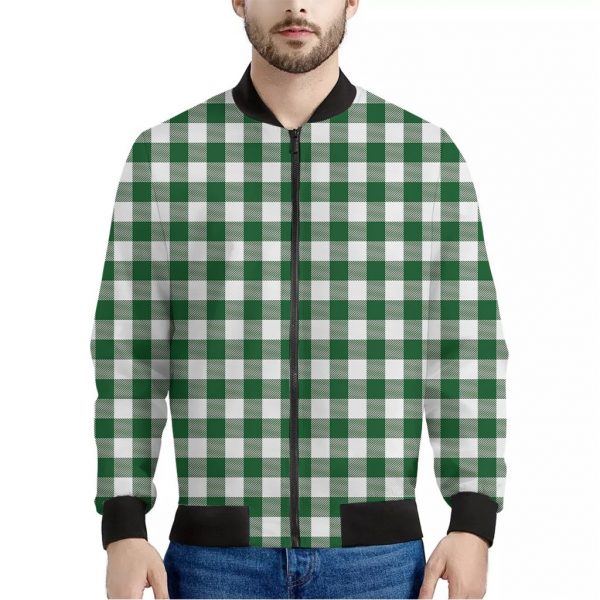 Green And White Buffalo Check Print Bomber Jacket