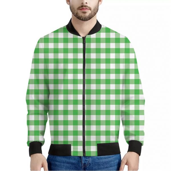 Green And White Gingham Pattern Print Bomber Jacket