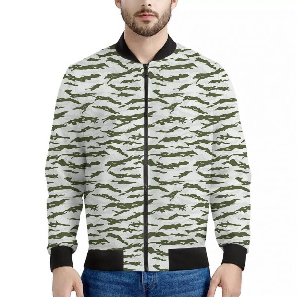 Green And White Tiger Stripe Camo Print Bomber Jacket