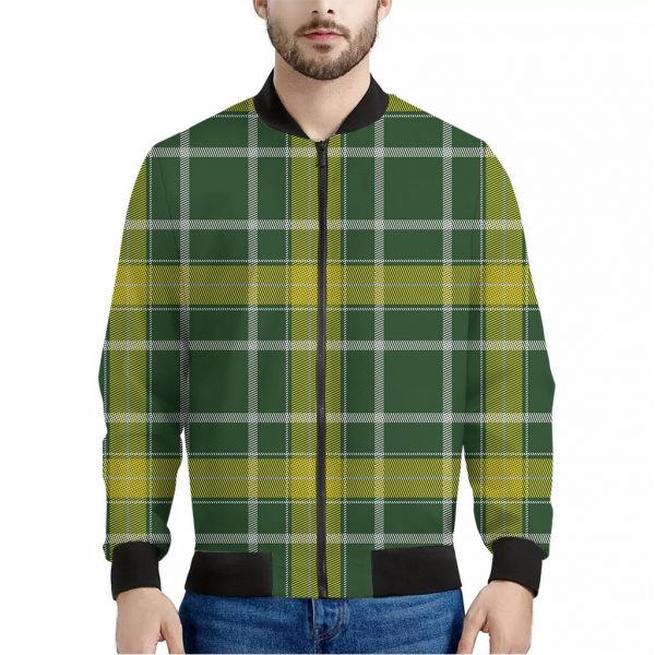 Green And Yellow Stewart Tartan Print Bomber Jacket