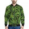 Green Bamboo Leaf Pattern Print Bomber Jacket