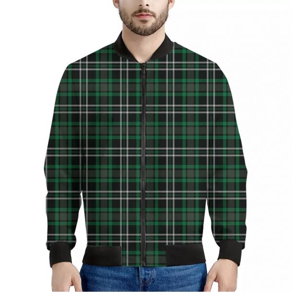 Green Black And White Tartan Print Bomber Jacket