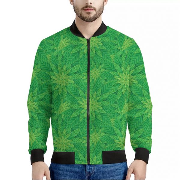 Green Cannabis Leaf Pattern Print Bomber Jacket