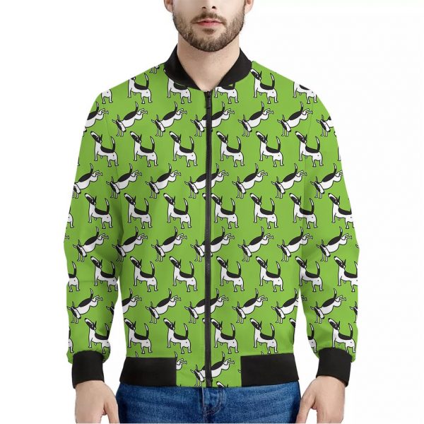 Green Doodle Bull Terrier Pattern Print Bomber Jacket