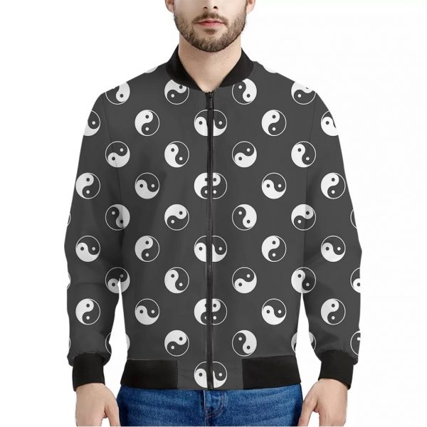 Grey And White Yin Yang Pattern Print Bomber Jacket
