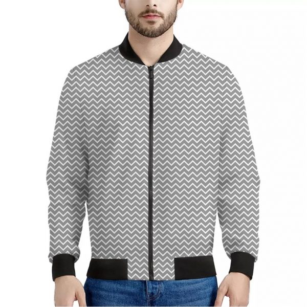 Grey And White Zigzag Pattern Print Bomber Jacket