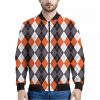 Grey Black Orange And White Argyle Print Bomber Jacket