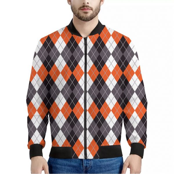 Grey Black Orange And White Argyle Print Bomber Jacket