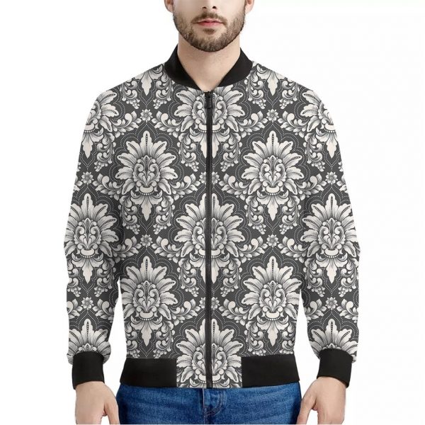 Grey Damask Pattern Print Bomber Jacket
