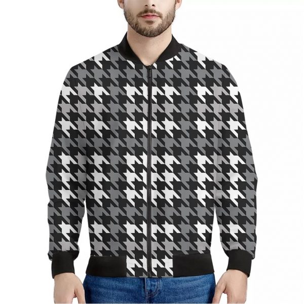 Grey Houndstooth Pattern Print Bomber Jacket