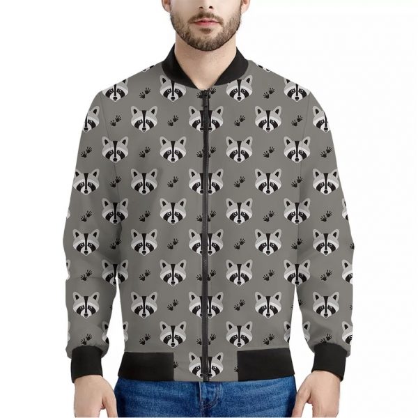 Grey Raccoon Pattern Print Bomber Jacket