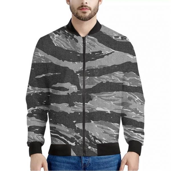 Grey Tiger Stripe Camouflage Print Bomber Jacket