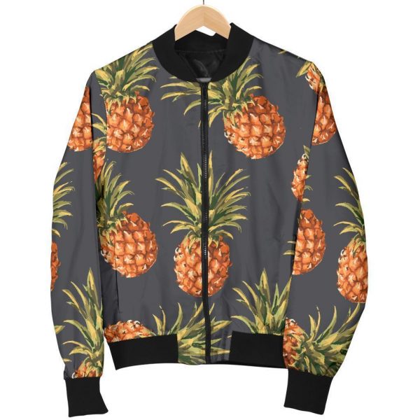 Grey Watercolor Pineapple Pattern Print Bomber Jacket