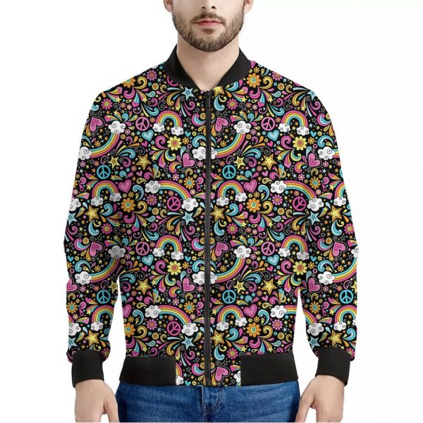Groovy Hippie Peace Pattern Print Bomber Jacket