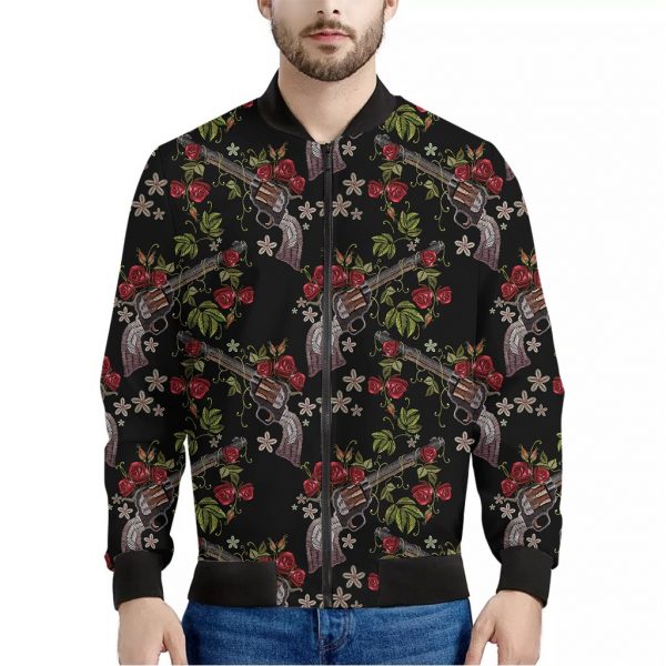 Guns And Flowers Pattern Print Bomber Jacket
