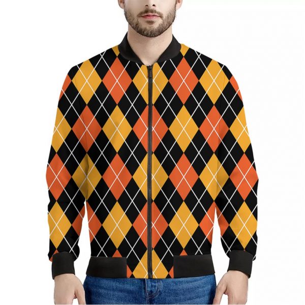 Halloween Black And Orange Argyle Print Bomber Jacket
