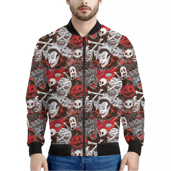 Halloween Monsters Pattern Print Bomber Jacket
