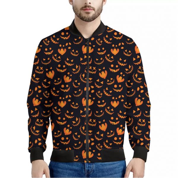 Halloween Pumpkin Faces Pattern Print Bomber Jacket