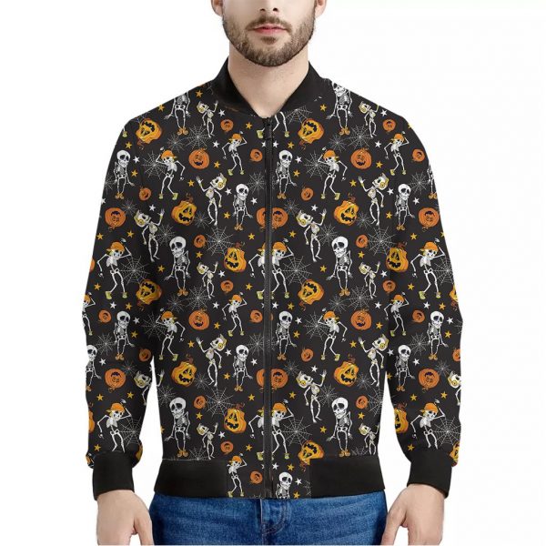 Halloween Skeleton Party Pattern Print Bomber Jacket