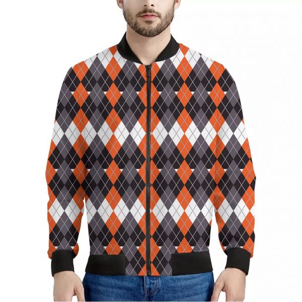 Halloween Themed Argyle Pattern Print Bomber Jacket