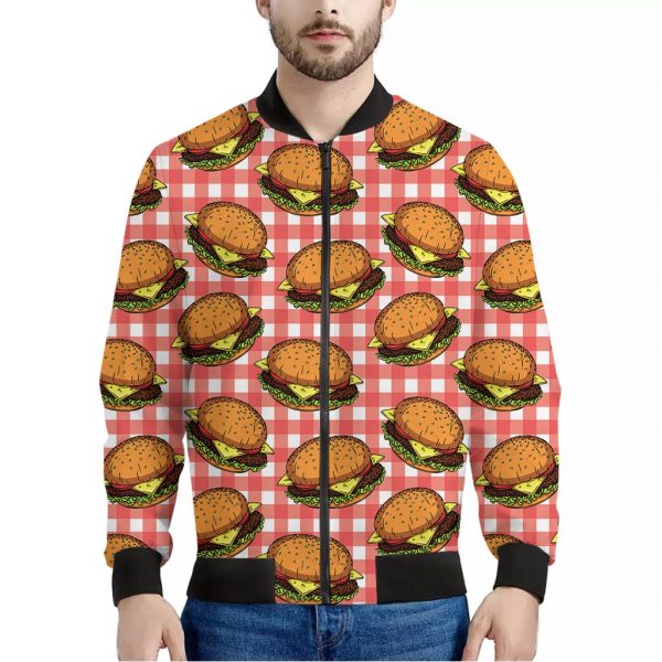 Hamburger Plaid Pattern Print Bomber Jacket