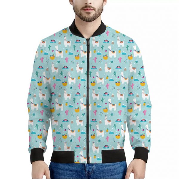Happy Llama And Cactus Pattern Print Bomber Jacket