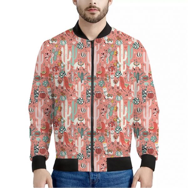 Happy Llama Pattern Print Bomber Jacket
