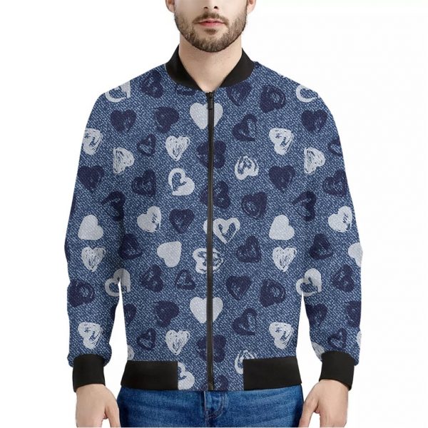 Heart Denim Jeans Pattern Print Bomber Jacket