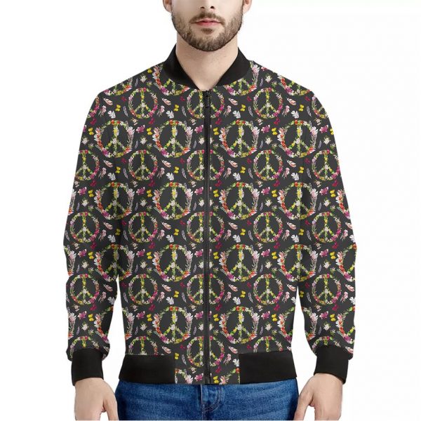 Hippie Peace Sign Flower Pattern Print Bomber Jacket