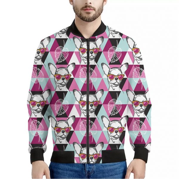 Hipster Chihuahua Pattern Print Bomber Jacket