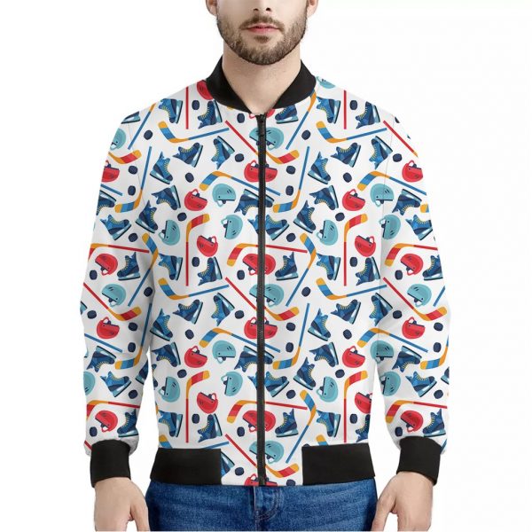 Hockey Equipment Pattern Print Bomber Jacket