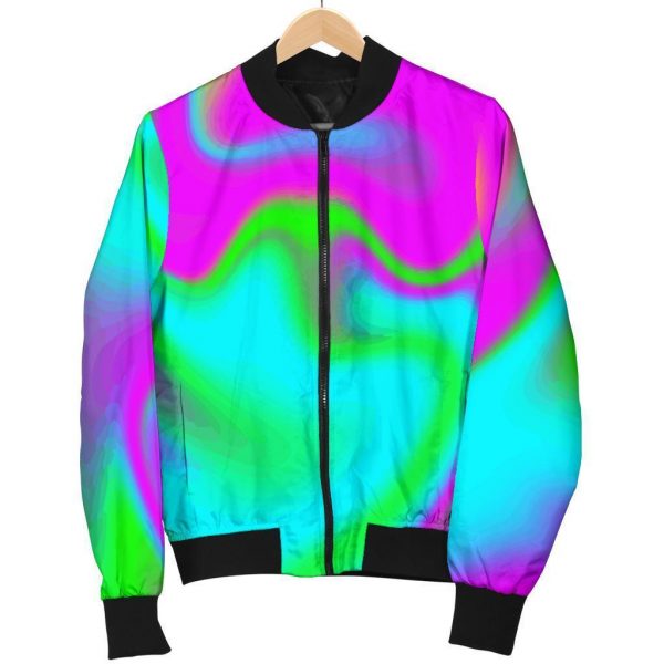 Holographic Neon Liquid Trippy Print Bomber Jacket
