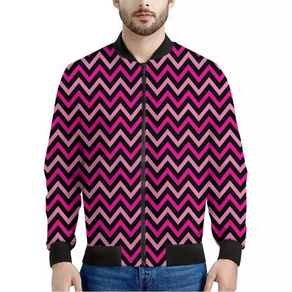 Hot Pink And Black Chevron Pattern Print Bomber Jacket