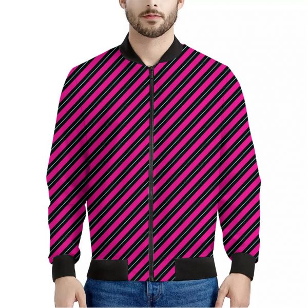 Hot Pink Black And Blue Stripes Print Bomber Jacket