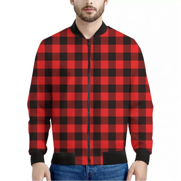 Hot Red Buffalo Plaid Print Bomber Jacket