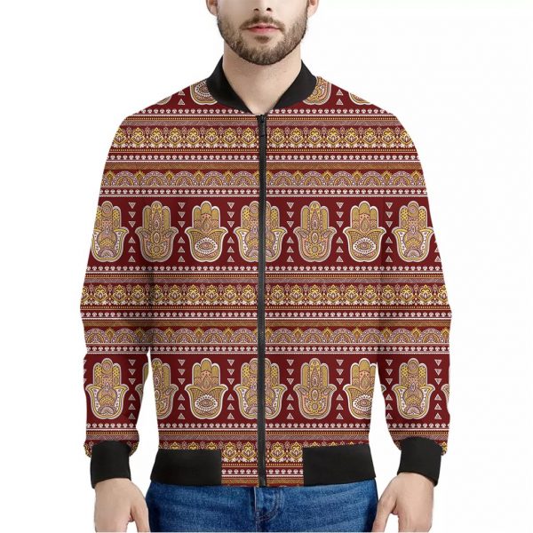 Indian Hamsa Hand Print Bomber Jacket